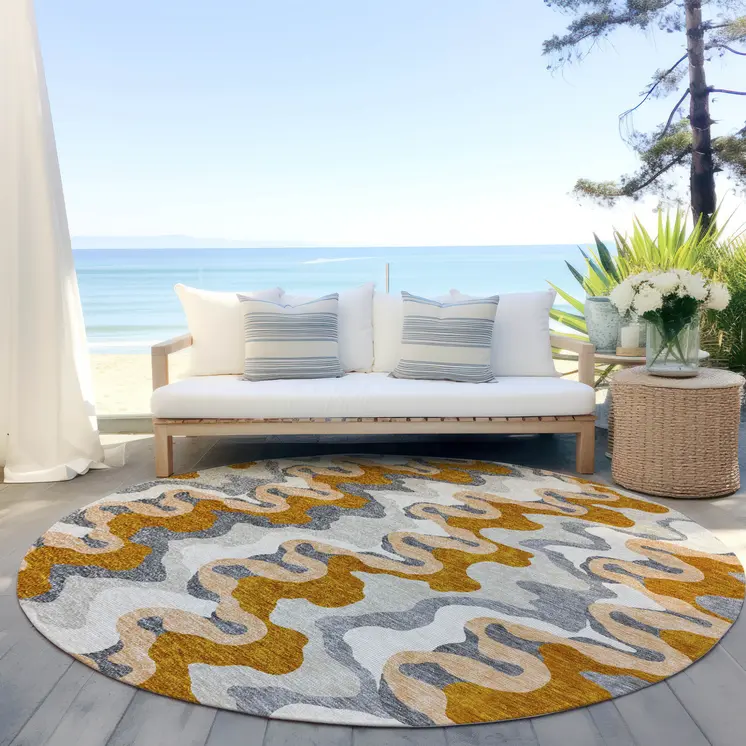 8' Terra Cotta Copper And Gray Round Abstract Washable Indoor Outdoor Area Rug