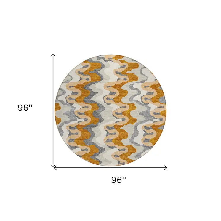 8' Terra Cotta Copper And Gray Round Abstract Washable Indoor Outdoor Area Rug
