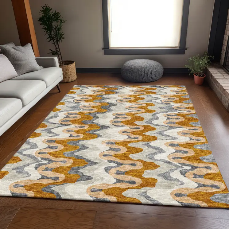 9' X 12' Terra Cotta Copper And Gray Abstract Washable Indoor Outdoor Area Rug