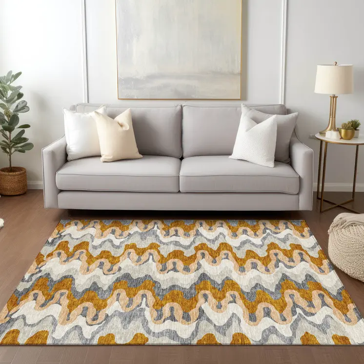 9' X 12' Terra Cotta Copper And Gray Abstract Washable Indoor Outdoor Area Rug