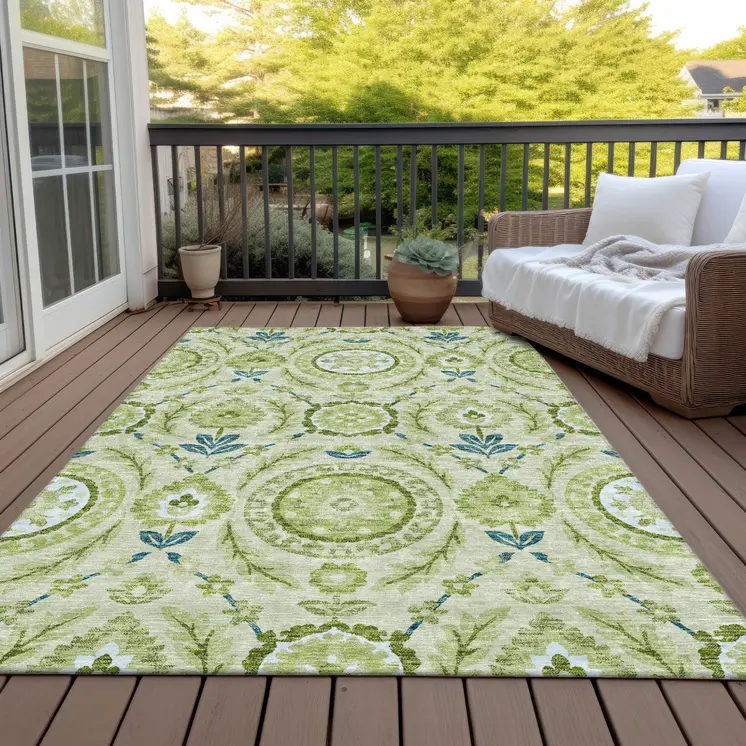 3' X 5' Artichoke Green Olive Green And Blue Floral Washable Indoor Outdoor Area Rug