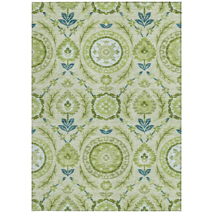 3' X 5' Artichoke Green Olive Green And Blue Floral Washable Indoor Outdoor Area Rug
