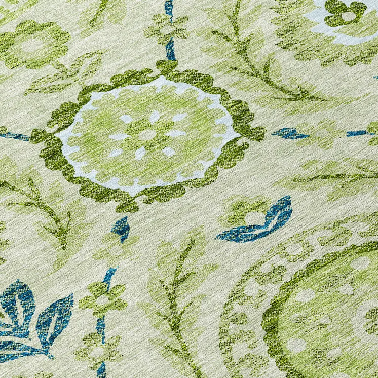 3' X 5' Artichoke Green Olive Green And Blue Floral Washable Indoor Outdoor Area Rug