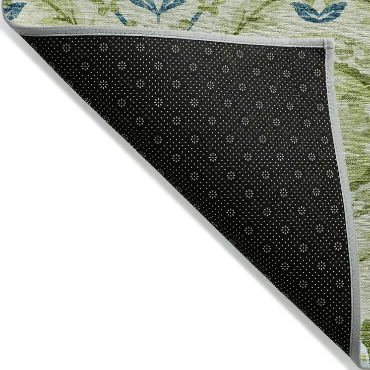 9' X 12' Artichoke Green Olive Green And Blue Floral Washable Indoor Outdoor Area Rug