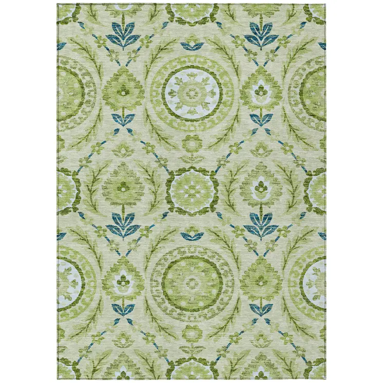 10' X 14' Artichoke Green Olive Green And Blue Floral Washable Indoor Outdoor Area Rug