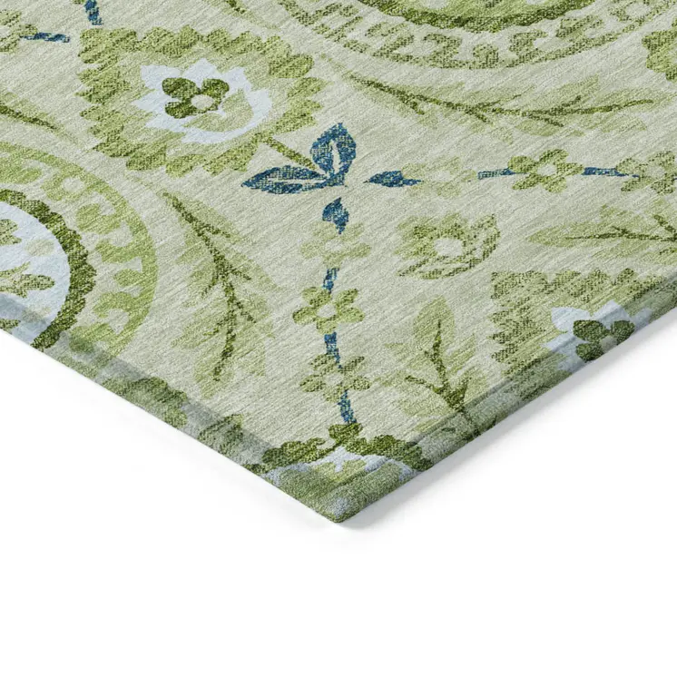 10' X 14' Artichoke Green Olive Green And Blue Floral Washable Indoor Outdoor Area Rug