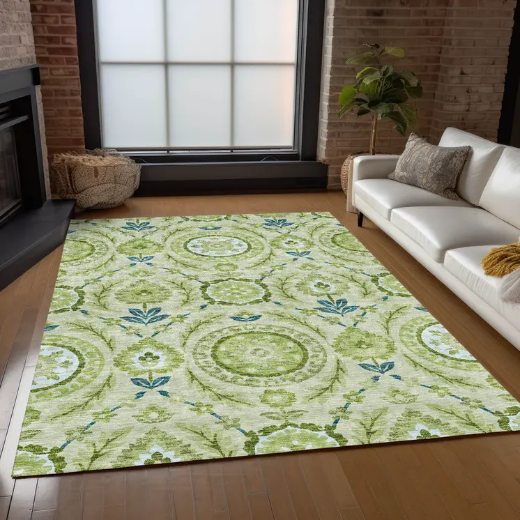 10' X 14' Artichoke Green Olive Green And Blue Floral Washable Indoor Outdoor Area Rug