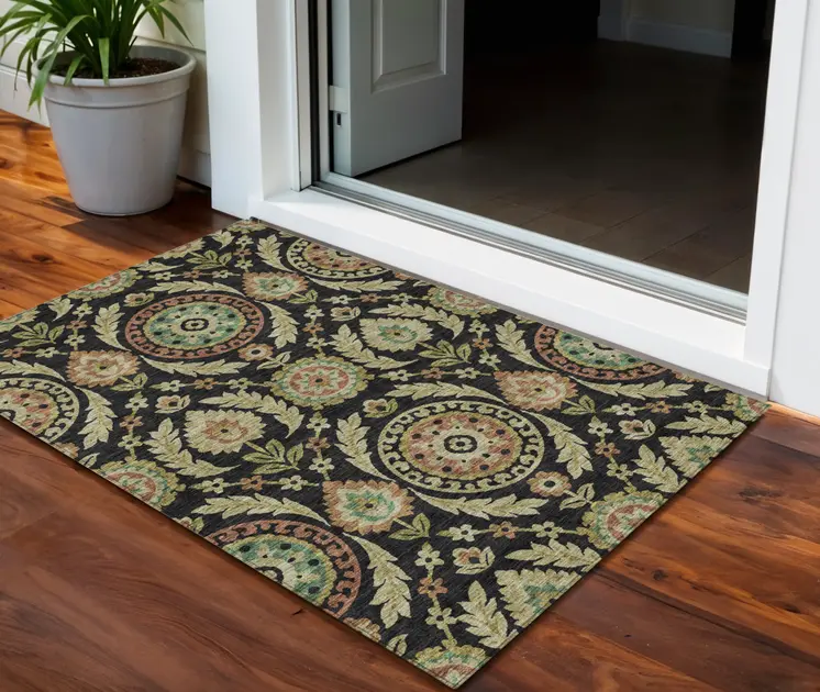 3' X 5' Black Gold And Copper Floral Washable Indoor Outdoor Area Rug