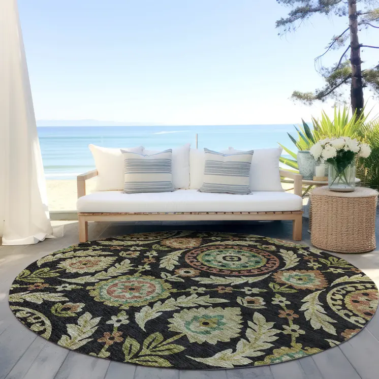 8' Black Gold And Copper Round Floral Washable Indoor Outdoor Area Rug