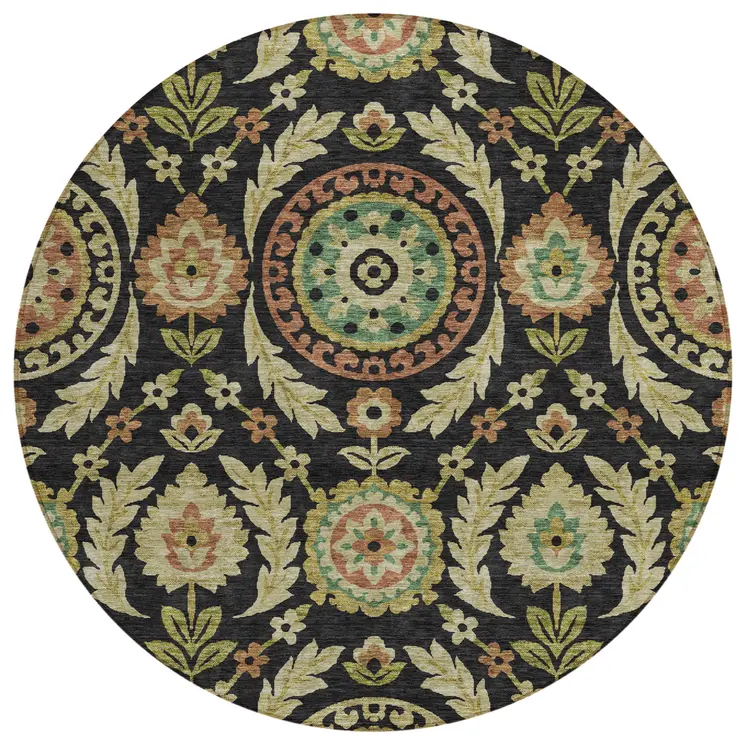 8' Black Gold And Copper Round Floral Washable Indoor Outdoor Area Rug