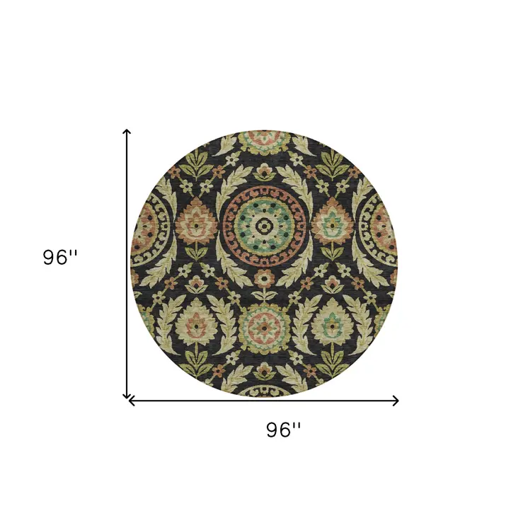 8' Black Gold And Copper Round Floral Washable Indoor Outdoor Area Rug