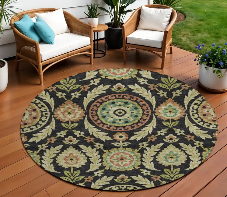 8' Black Gold And Copper Round Floral Washable Indoor Outdoor Area Rug