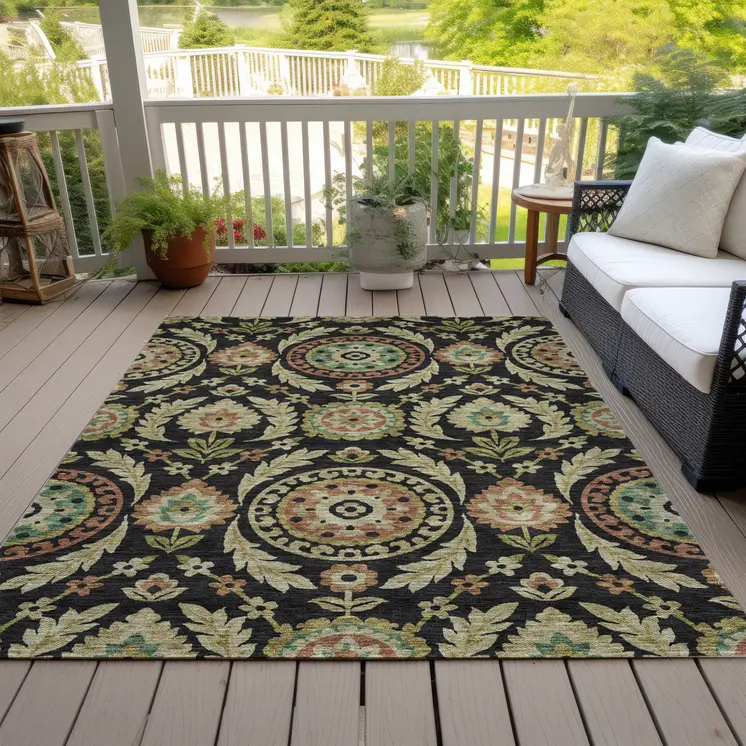 8' X 10' Black Gold And Copper Floral Washable Indoor Outdoor Area Rug