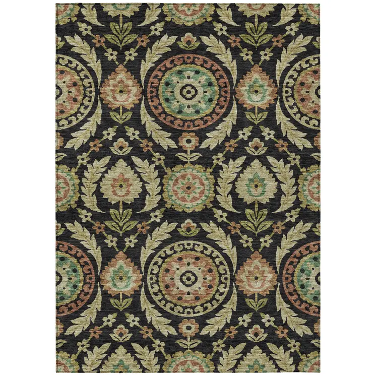 8' X 10' Black Gold And Copper Floral Washable Indoor Outdoor Area Rug