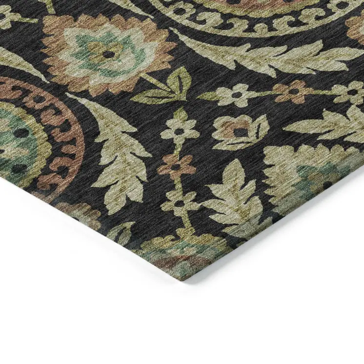 8' X 10' Black Gold And Copper Floral Washable Indoor Outdoor Area Rug