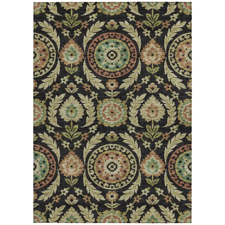 8' X 10' Black Gold And Copper Floral Washable Indoor Outdoor Area Rug