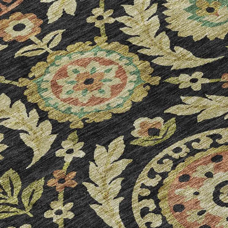 8' X 10' Black Gold And Copper Floral Washable Indoor Outdoor Area Rug