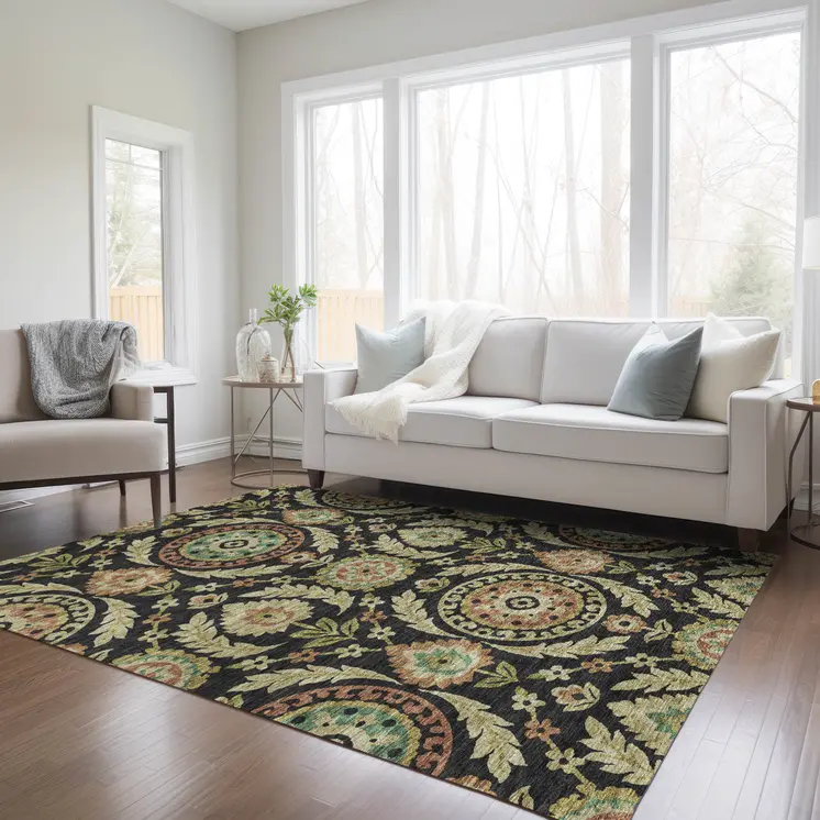 8' X 10' Black Gold And Copper Floral Washable Indoor Outdoor Area Rug