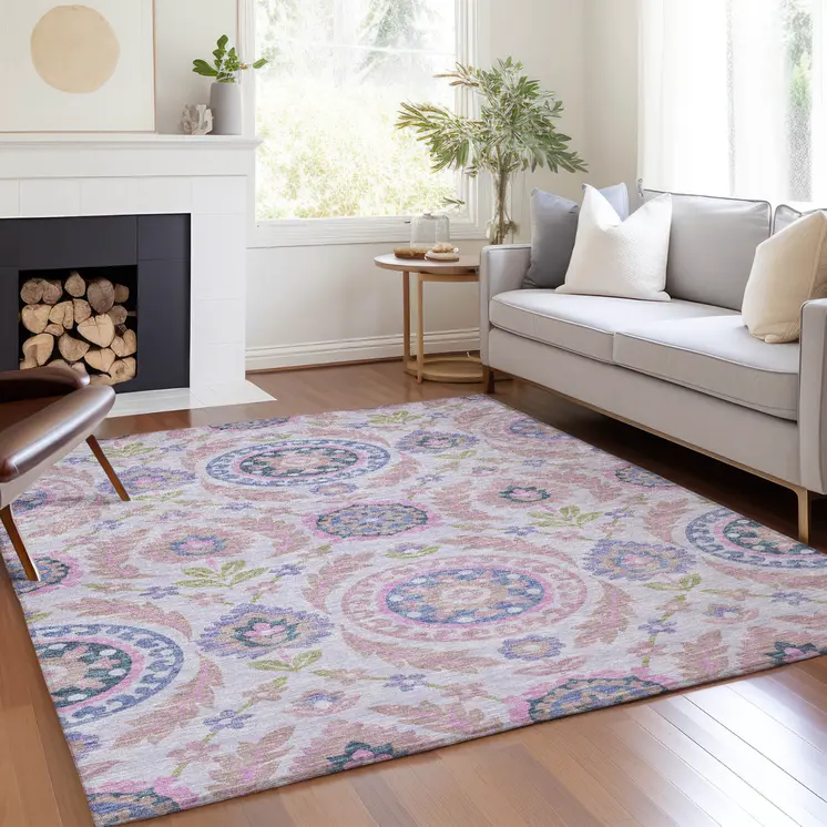 3' X 5' Blush Lavender And Purple Floral Washable Indoor Outdoor Area Rug