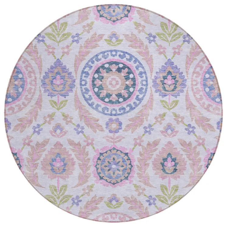 8' Blush Lavender And Purple Round Floral Washable Indoor Outdoor Area Rug