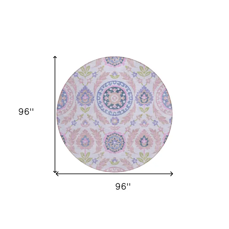 8' Blush Lavender And Purple Round Floral Washable Indoor Outdoor Area Rug