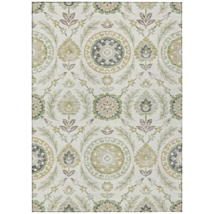 3' X 5' Ivory Beige And Taupe Floral Washable Indoor Outdoor Area Rug