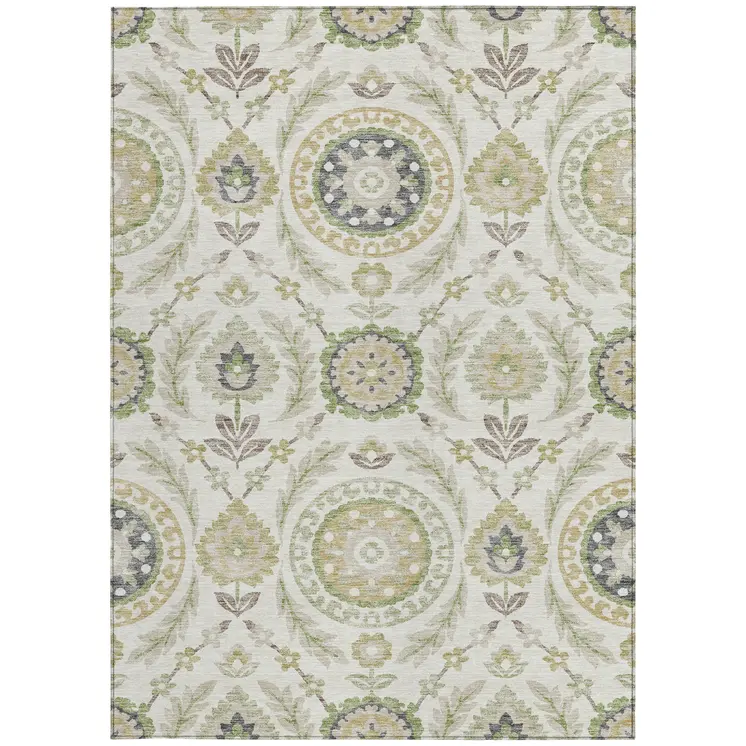 10' X 14' Ivory Beige And Taupe Floral Washable Indoor Outdoor Area Rug
