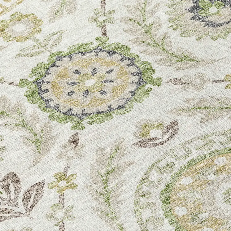 10' X 14' Ivory Beige And Taupe Floral Washable Indoor Outdoor Area Rug