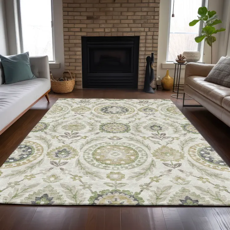 10' X 14' Ivory Beige And Taupe Floral Washable Indoor Outdoor Area Rug