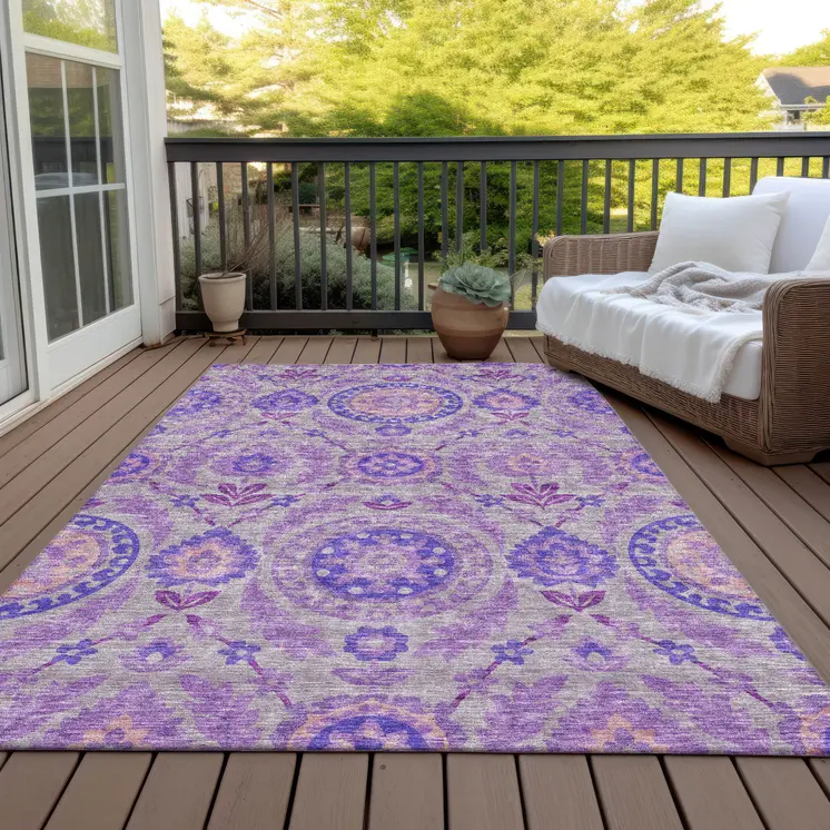 5' X 8' Lavender Lilac And Gray Floral Washable Indoor Outdoor Area Rug