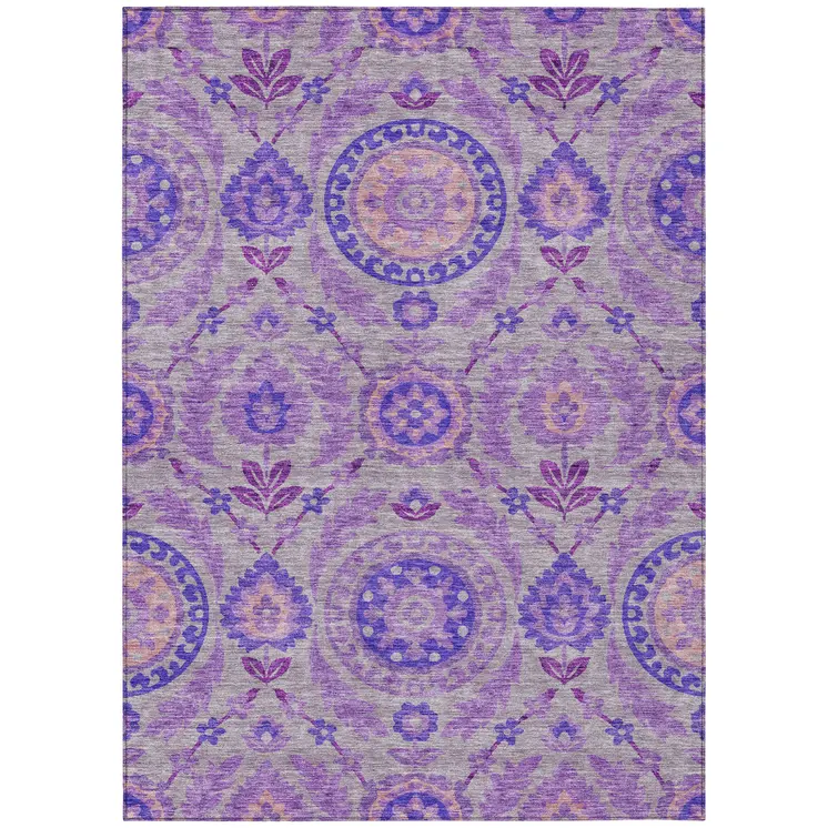 5' X 8' Lavender Lilac And Gray Floral Washable Indoor Outdoor Area Rug