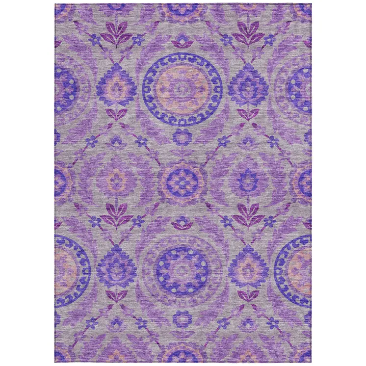 5' X 8' Lavender Lilac And Gray Floral Washable Indoor Outdoor Area Rug