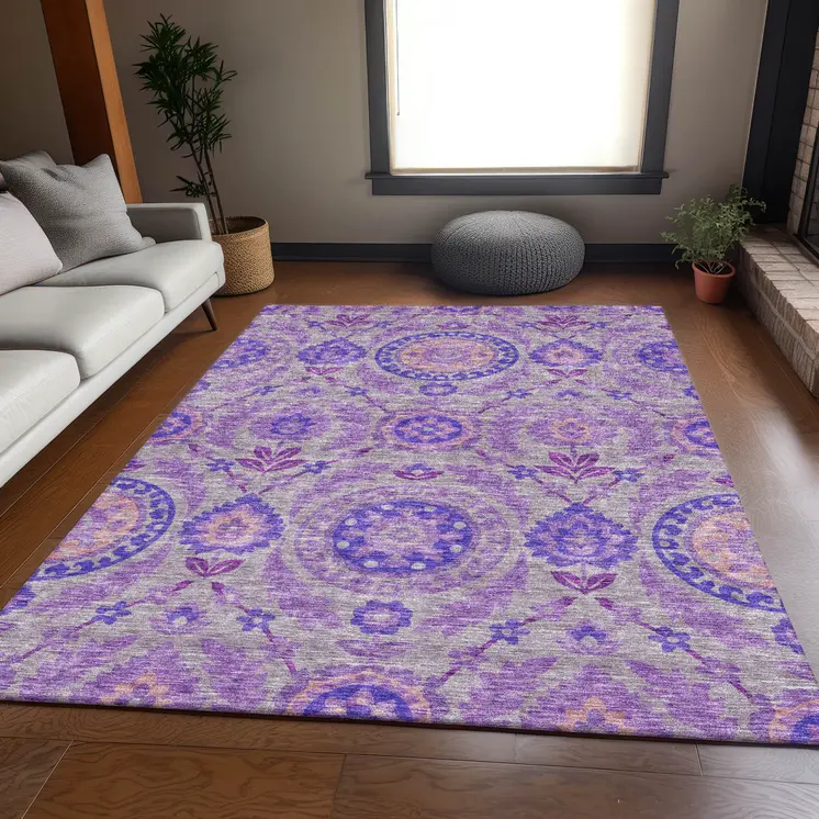 5' X 8' Lavender Lilac And Gray Floral Washable Indoor Outdoor Area Rug