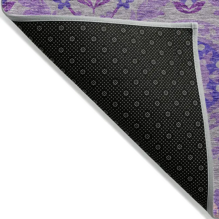 8' Lavender Lilac And Gray Round Floral Washable Indoor Outdoor Area Rug