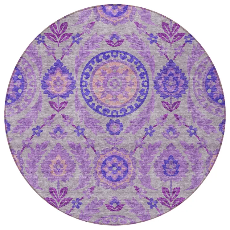 8' Lavender Lilac And Gray Round Floral Washable Indoor Outdoor Area Rug