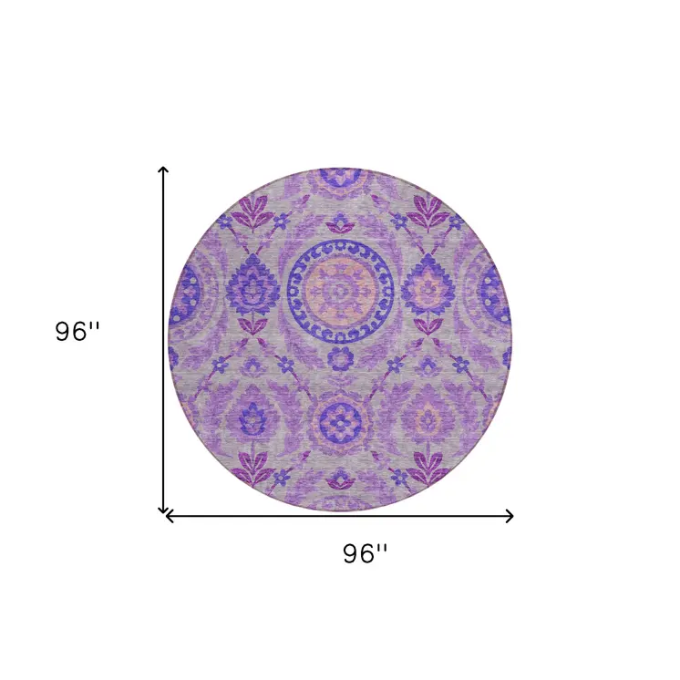 8' Lavender Lilac And Gray Round Floral Washable Indoor Outdoor Area Rug