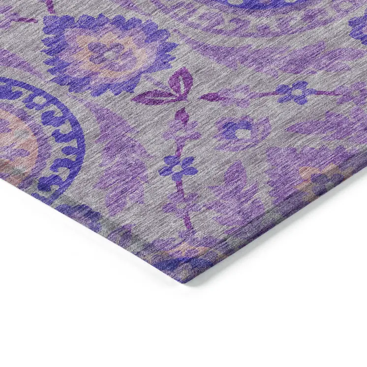 9' X 12' Lavender Lilac And Gray Floral Washable Indoor Outdoor Area Rug