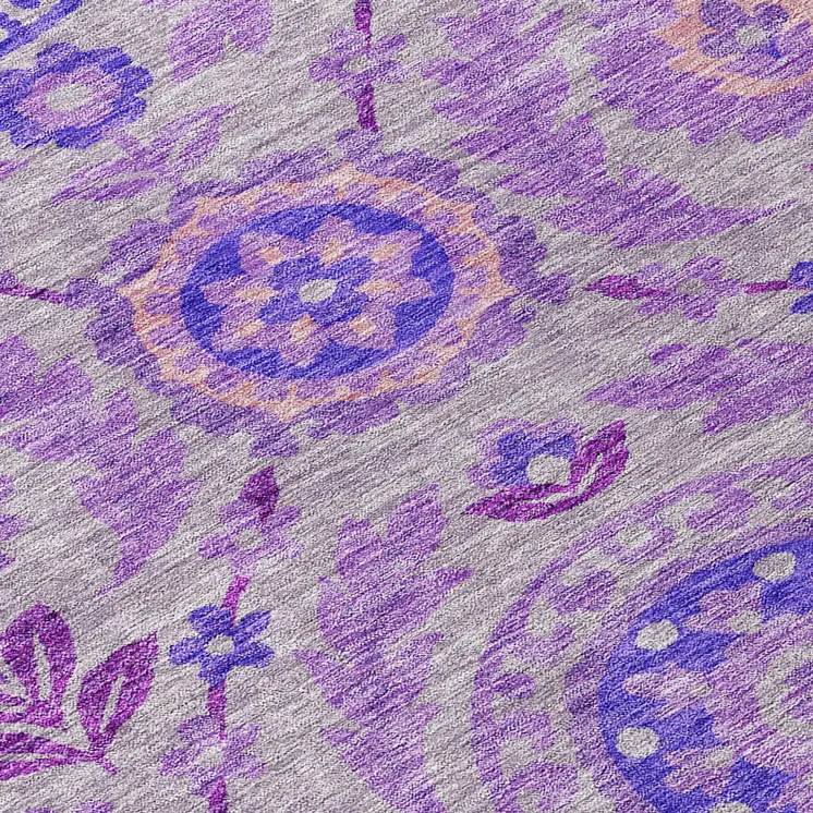 9' X 12' Lavender Lilac And Gray Floral Washable Indoor Outdoor Area Rug