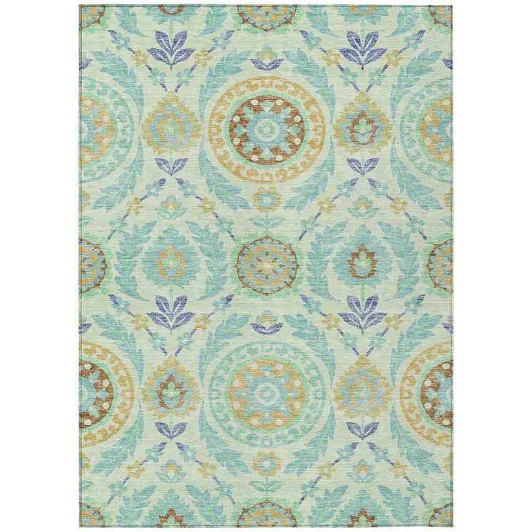 3' X 5' Mint Green Teal Blue And Beige Floral Washable Indoor Outdoor Area Rug