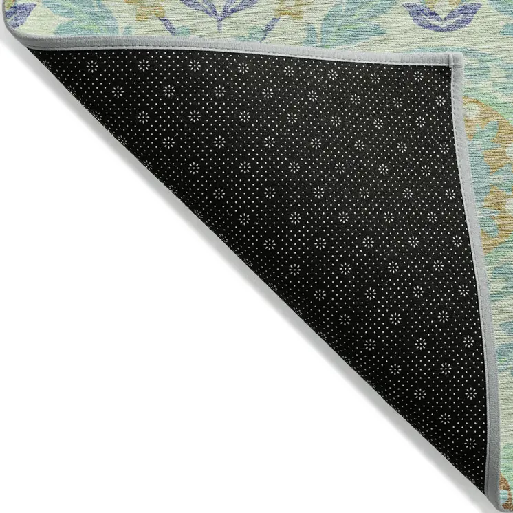 3' X 5' Mint Green Teal Blue And Beige Floral Washable Indoor Outdoor Area Rug