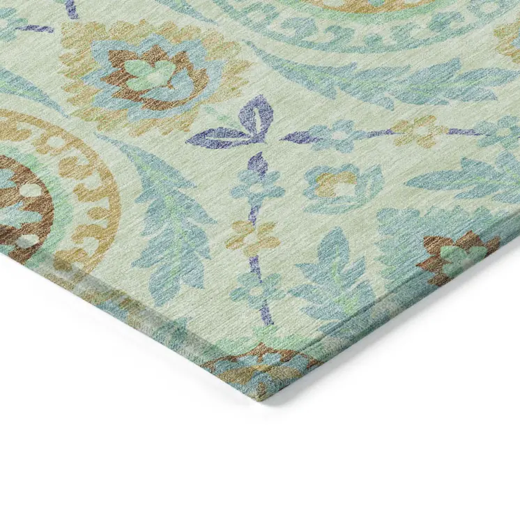 3' X 5' Mint Green Teal Blue And Beige Floral Washable Indoor Outdoor Area Rug