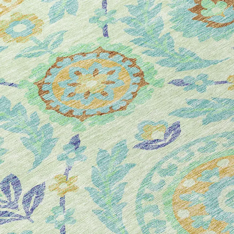 3' X 5' Mint Green Teal Blue And Beige Floral Washable Indoor Outdoor Area Rug