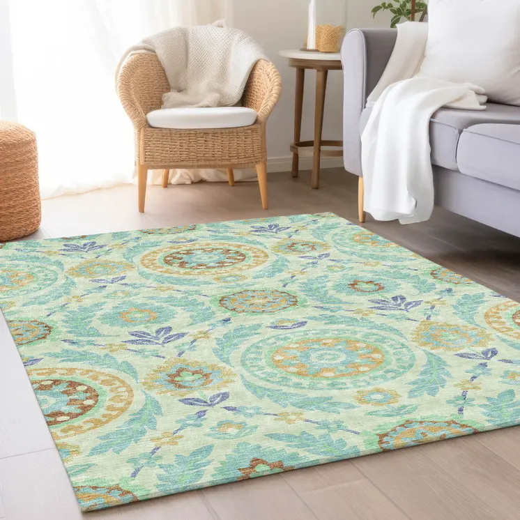3' X 5' Mint Green Teal Blue And Beige Floral Washable Indoor Outdoor Area Rug