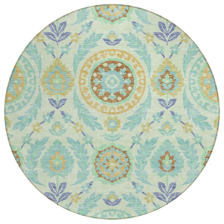 8' Mint Green Teal Blue And Beige Round Floral Washable Indoor Outdoor Area Rug