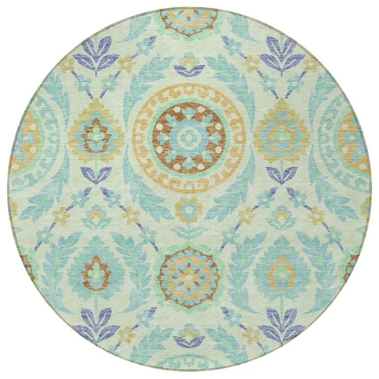 8' Mint Green Teal Blue And Beige Round Floral Washable Indoor Outdoor Area Rug