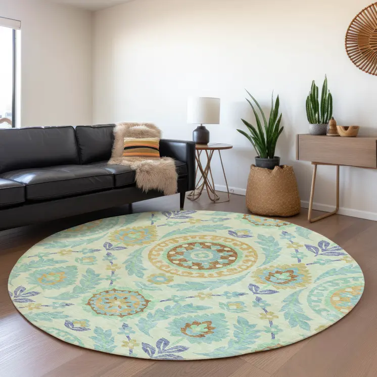 8' Mint Green Teal Blue And Beige Round Floral Washable Indoor Outdoor Area Rug