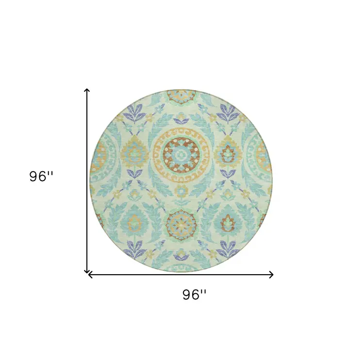 8' Mint Green Teal Blue And Beige Round Floral Washable Indoor Outdoor Area Rug