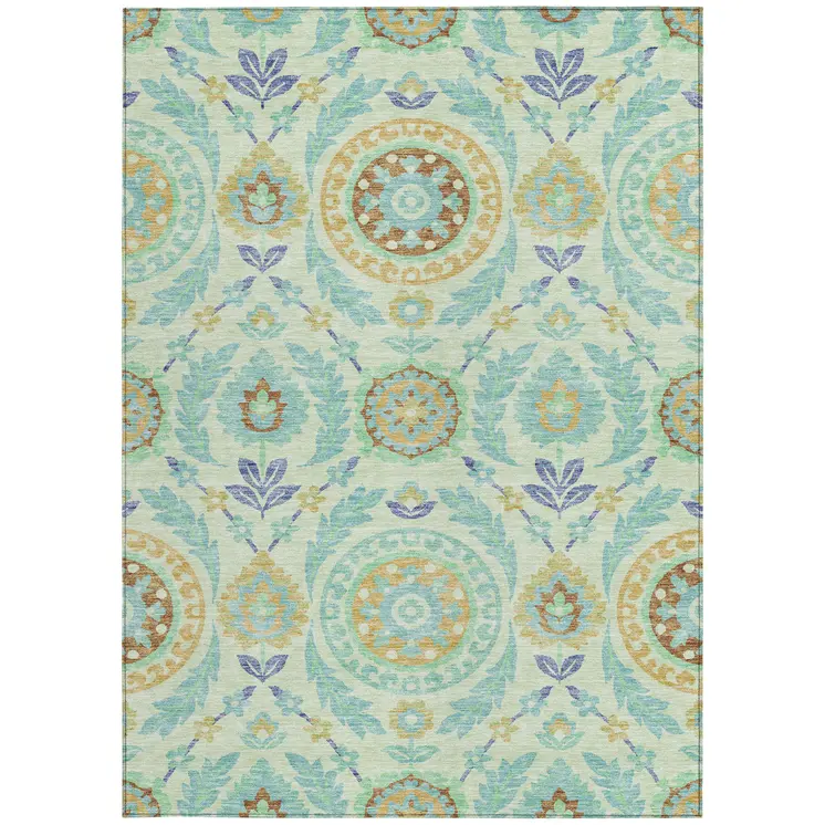 10' X 14' Mint Green Teal Blue And Beige Floral Washable Indoor Outdoor Area Rug