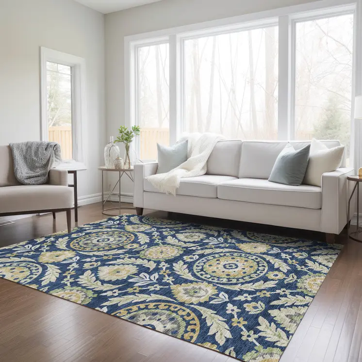 3' X 5' Navy Blue Gold And Beige Floral Washable Indoor Outdoor Area Rug
