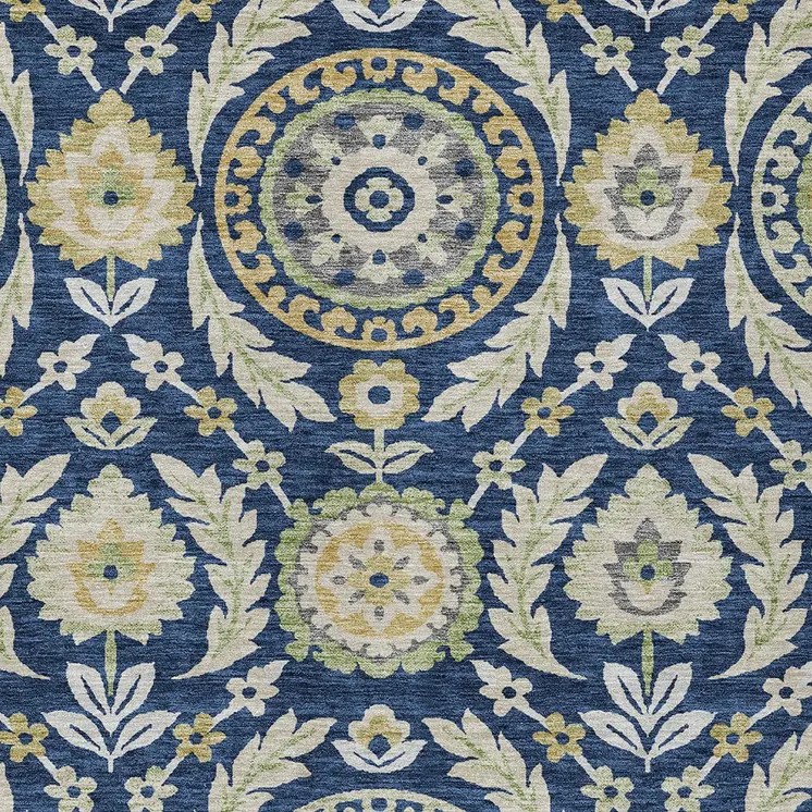 5' X 8' Navy Blue Gold And Beige Floral Washable Indoor Outdoor Area Rug